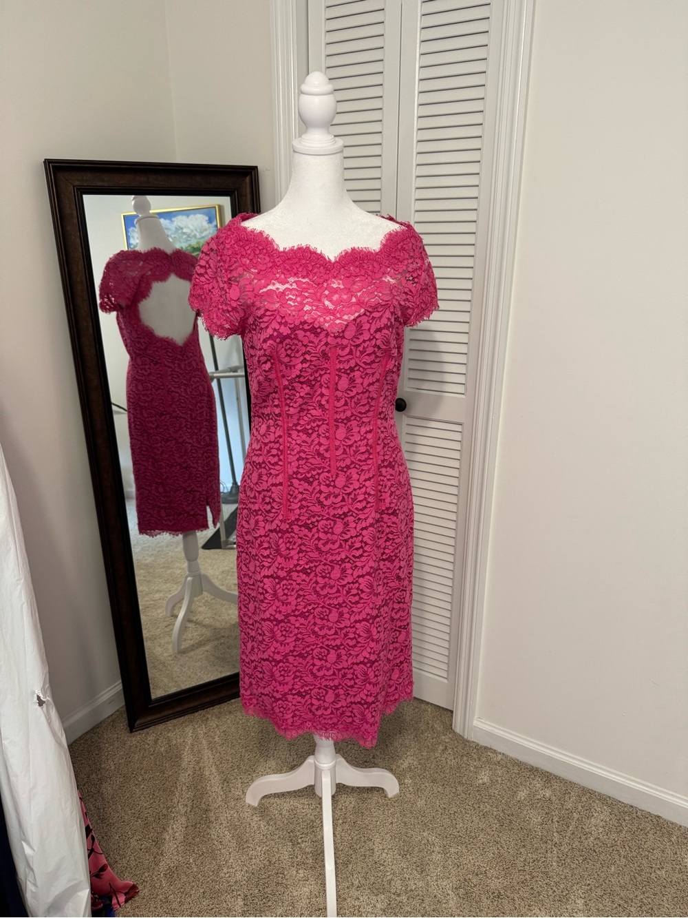 Monique Lhuillier Hot Pink Lace Off-Shoulder Midi Dress
